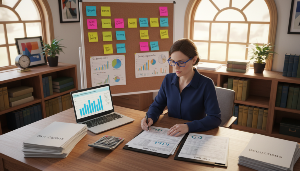 A well-organized workspace featuring a professional accountant reviewing tax documents and financial forms at a large desk. In the foreground, neatly stacked papers labeled “Tax Credits” and “Deductions” alongside a calculator and a laptop displaying financial graphs. The middle of the scene showcases a corkboard with pinned sticky notes containing keywords like "eligible," "expenses," and "savings," as well as colorful charts illustrating tax benefits. In the background, soft ambient light streams in through a window, casting a warm glow, while shelves with tax books and decor create an inviting atmosphere. Encourage a sense of focus and clarity, highlighting the importance of understanding financial options in a modern, tidy office setting. Use a slightly elevated angle to capture the entire scene, emphasizing organization and professionalism. A well-organized workspace featuring a professional accountant reviewing tax documents and financial forms at a large desk. In the foreground, neatly stacked papers labeled “Tax Credits” and “Deductions” alongside a calculator and a laptop displaying financial graphs. The middle of the scene showcases a corkboard with pinned sticky notes containing keywords like "eligible," "expenses," and "savings," as well as colorful charts illustrating tax benefits. In the background, soft ambient light streams in through a window, casting a warm glow, while shelves with tax books and decor create an inviting atmosphere. Encourage a sense of focus and clarity, highlighting the importance of understanding financial options in a modern, tidy office setting. Use a slightly elevated angle to capture the entire scene, emphasizing organization and professionalism.