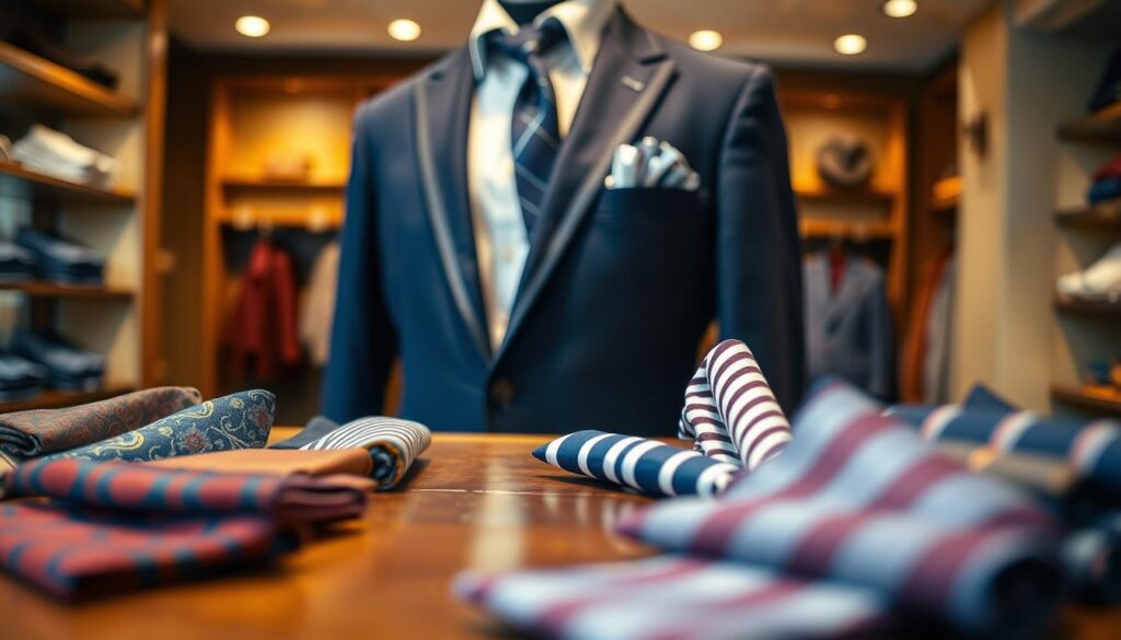 A well-styled close-up of various men's pocket squares elegantly displayed on a polished wooden surface. The foreground should feature a selection of pocket squares in diverse fabrics and patterns, such as paisley, stripes, and solids, showcasing rich textures and vibrant colors like royal blue, deep burgundy, and classic white. In the middle ground, a sophisticated navy blazer hangs on a tailored mannequin, highlighting how pocket squares complement formal wear. The background should be softly blurred to suggest a stylish boutique setting with warm, diffused lighting to evoke an inviting atmosphere. Capture the image with a 50mm lens for a sharp focus on the pocket squares while maintaining a dreamy bokeh effect. The overall mood should convey elegance and sophistication, emphasizing the importance of these small yet impactful accessories in menswear.