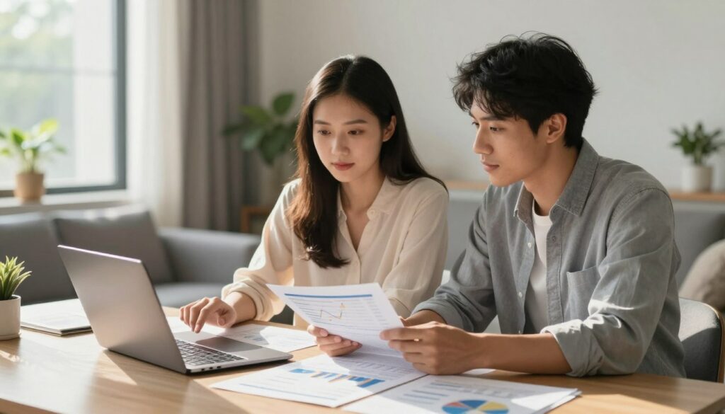 A young couple seated at a modern dining table, surrounded by financial documents and a laptop, deeply engaged in planning their financial future. The woman, wearing a smart blouse, and the man in a button-up shirt, are discussing over charts and graphs spread out before them, illustrating budgeting and investment strategies. Natural light streams in from a nearby window, casting a warm glow and creating a cozy yet focused atmosphere. The background features a softly blurred living space with plants and contemporary decor, enhancing a sense of stability and comfort. The scene captures a mood of collaboration and determination, as the couple looks toward their future with optimism and shared purpose.