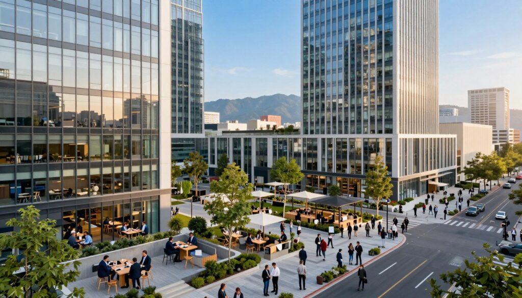 Aerial view of a modern real estate hub, showcasing a bustling tech district. In the foreground, sleek skyscrapers with glass façades housing tech companies, surrounded by greenery and outdoor workspaces with professionals in business attire. The middle ground features a vibrant street scene with modern cafes and co-working spaces, filled with diverse crowds engaged in conversation and collaboration. In the background, mountains under a bright blue sky, reflecting innovation and progress. The atmosphere is dynamic and optimistic, with warm, natural lighting illuminating the scene, simulating a late afternoon glow. Capture a slight depth of field to emphasize the urban landscape while maintaining a sense of connectivity and growth in emerging U.S. real estate markets. Aerial view of a modern real estate hub, showcasing a bustling tech district. In the foreground, sleek skyscrapers with glass façades housing tech companies, surrounded by greenery and outdoor workspaces with professionals in business attire. The middle ground features a vibrant street scene with modern cafes and co-working spaces, filled with diverse crowds engaged in conversation and collaboration. In the background, mountains under a bright blue sky, reflecting innovation and progress. The atmosphere is dynamic and optimistic, with warm, natural lighting illuminating the scene, simulating a late afternoon glow. Capture a slight depth of field to emphasize the urban landscape while maintaining a sense of connectivity and growth in emerging U.S. real estate markets.