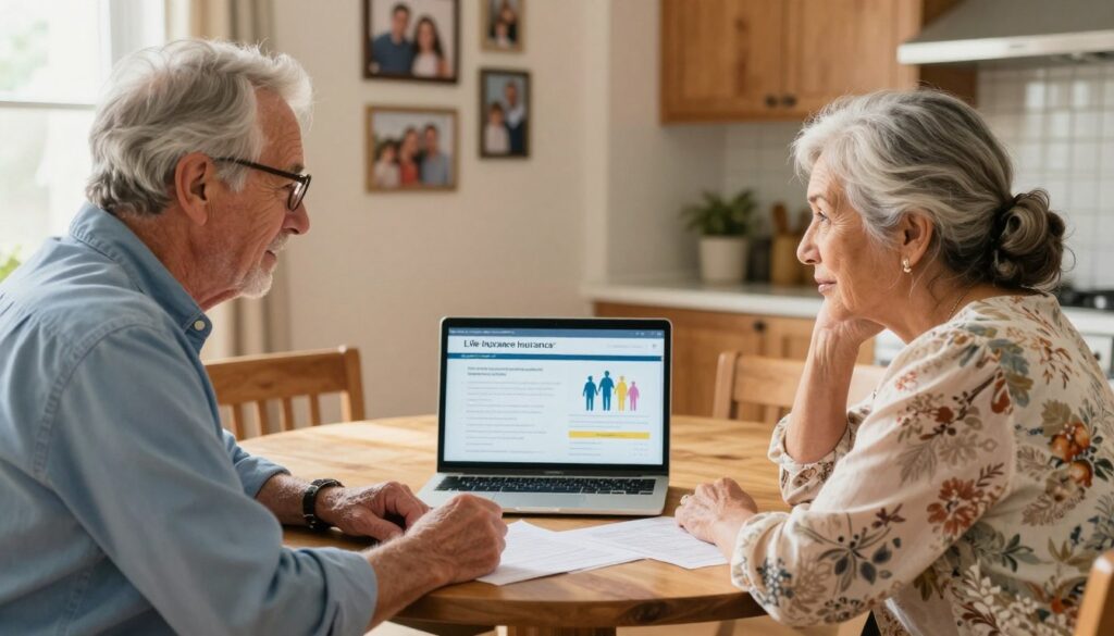 An elderly couple sitting at a kitchen table discussing life insurance options with their adult child. The foreground features the couple, a Caucasian man with gray hair wearing glasses and a blue button-up shirt, and a Hispanic woman with silver hair tied back in a bun, dressed in a floral blouse. They look engaged and reassured as they go over documents. In the middle, a laptop is open with an infographic about life insurance for families visible on the screen. The background shows a warm, sunlit kitchen with family photos on the wall, creating a cozy atmosphere. Soft, natural lighting enhances the intimate mood, and the scene is captured from a slightly elevated angle, conveying a sense of connection and family bonding.
