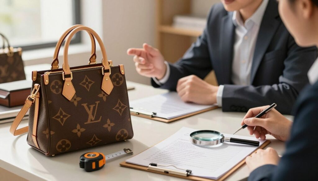 An elegant composition illustrating the verification steps for authentic designer bags. In the foreground, a meticulously arranged designer bag is displayed on a polished surface, showcasing its intricate details like stitching, hardware, and brand logo. Beside it, a magnifying glass and a measuring tape represent inspection tools. The middle ground features clear visual cues, such as a checklist on clipboards detailing specific aspects to examine, like serial numbers and authenticity cards. In the background, softly blurred silhouettes of a well-dressed person, wearing smart casual attire, are engaging in a thoughtful discussion, emphasizing the importance of verification. The scene is illuminated with warm, natural light, creating a professional yet inviting atmosphere. The camera angle is slightly above eye level, focusing on the bag while capturing the engaging environment around it.