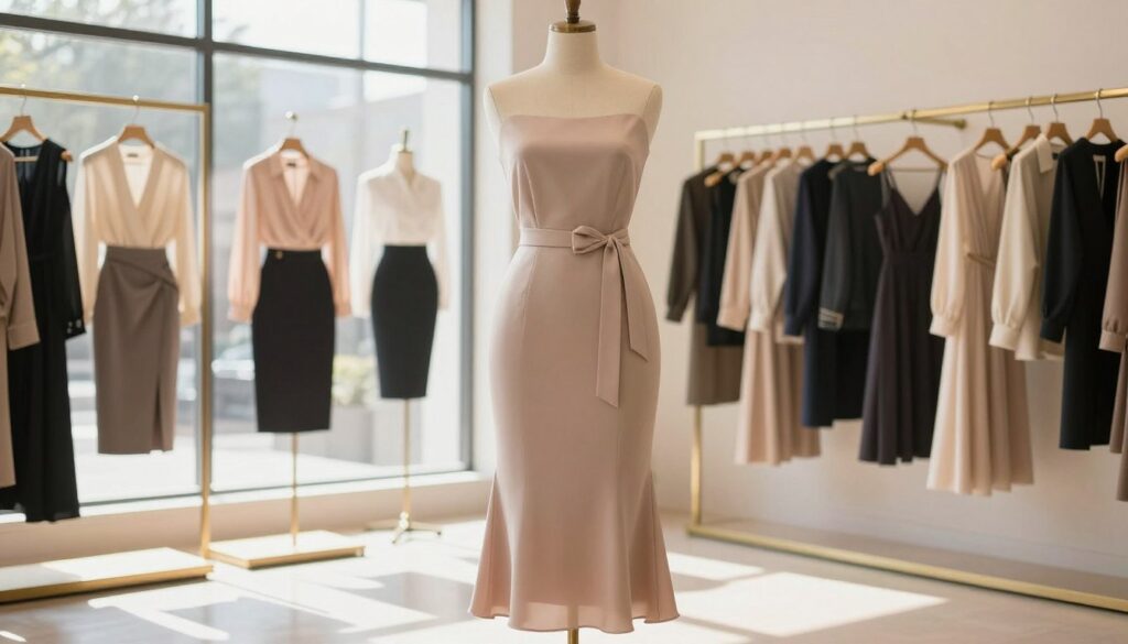 An elegant dress form prominently displayed in a bright, airy boutique setting, surrounded by stylish clothing options suitable for an hourglass figure. The mannequin showcases a fitted, high-waisted dress accentuating curves, paired with a cinched waist belt and flowing fabric that highlights body shape. Soft natural light pours through large windows, creating a warm atmosphere, and shadows gently fall across the floor. In the background, neatly arranged racks hold a variety of fashionable outfits, including tailored blouses, pencil skirts, and A-line dresses, all designed to flatter an hourglass shape. The image captures a sense of sophistication and confidence, ideal for inspiring individuals looking to enhance their wardrobe effectively.