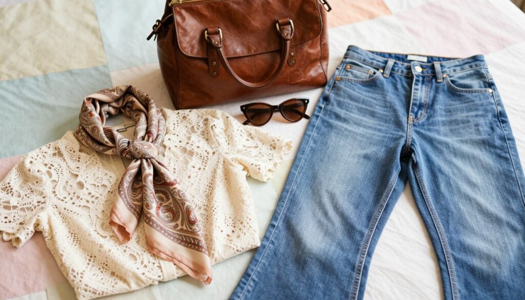 An enchanting flat lay of authentic vintage clothing elements featuring a mix of textures and colors. In the foreground, include a delicate lace blouse, a paisley patterned scarf, and a pair of high-waisted bell-bottom jeans, all expertly styled to showcase their unique details. In the middle layer, arrange a classic vintage leather handbag and a pair of retro cat-eye sunglasses, adding to the nostalgic vibe. The background should be softly blurred fabric swatches in pastel shades, hinting at the potential for layering and styling. Use warm, natural lighting to create a cozy atmosphere, with a slightly overhead angle to capture the essence of vintage charm. This composition reflects a timeless aesthetic, inviting viewers to embrace the beauty of vintage fashion.