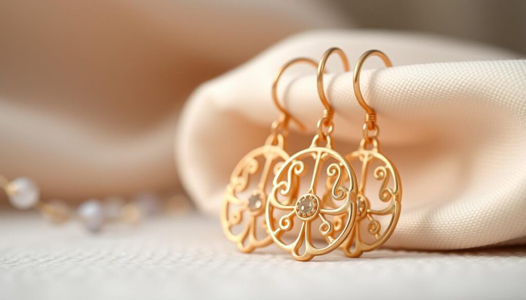 Close-up image of elegant gold and rose gold earrings displayed against a soft, neutral backdrop. The foreground features the earrings prominently, showcasing their intricate designs and reflections of light. Vivid details highlight their textures—smooth curves and delicate filigree patterns, emphasizing the contrast between the warm hues of gold and rose gold. The middle ground subtly includes soft-focus elements like gemstones or glittering materials that complement the earrings, adding depth to the image. The background should be softly blurred to create a sense of depth and focus on the earrings. Natural, diffused lighting enhances the richness of the metals, creating a warm and inviting atmosphere, evoking a feeling of luxury and elegance.