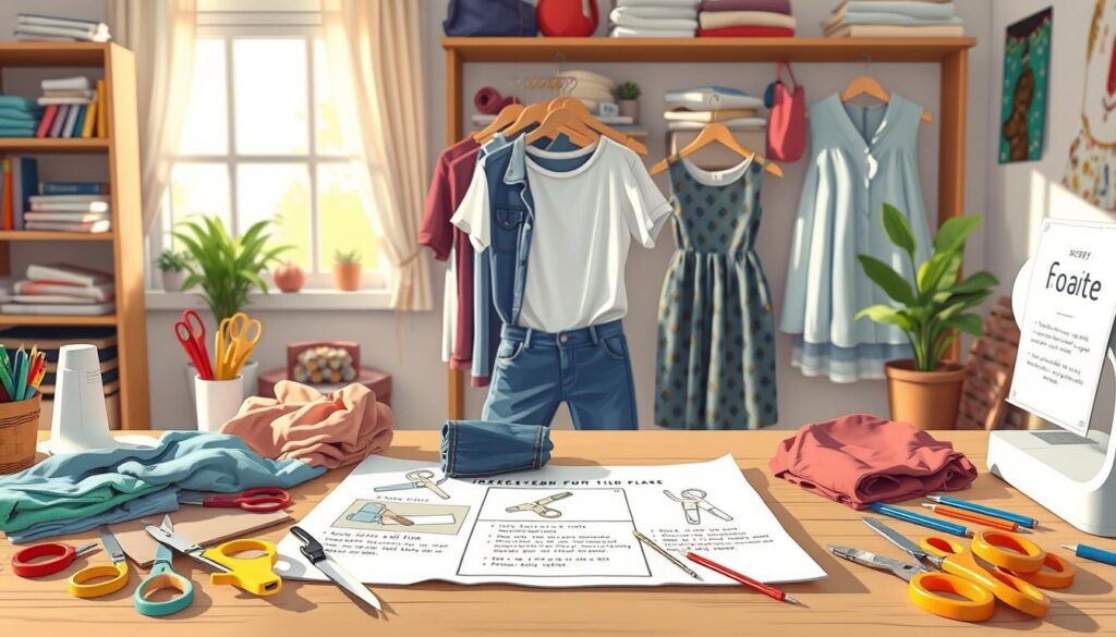 Create an illustrated step-by-step guide to DIY clothing transformation techniques for upcycling old garments. In the foreground, show a well-organized workspace featuring colorful sewing tools, fabric scissors, needles, and threads. In the middle, depict a variety of old clothes, such as a t-shirt, jeans, and a dress, laid out with instructions for different techniques like cutting, sewing, and dyeing. In the background, include soft, natural lighting coming through a window, highlighting the textures of the fabrics and tools. The atmosphere should be creative and inspiring, encouraging viewers to envision their own clothing transformations. The overall scene should reflect a cozy, inviting vibe, ideal for DIY enthusiasts.
