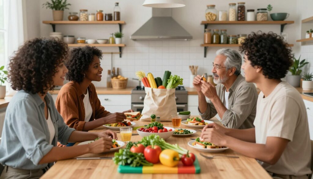 In a cozy kitchen setting, a diverse group of four adults, casually dressed, is gathered around a table filled with budget-friendly meal options, like homemade sandwiches, fruits, and vegetables. In the foreground, a colorful cutting board displays fresh ingredients, symbolizing healthy eating on a budget. In the middle, the group is engaged in lively conversation, sharing tips on saving money while enjoying great meals. The background shows a well-organized kitchen with affordable grocery items on shelves and a reusable shopping bag filled with fresh produce. Soft, warm lighting creates an inviting atmosphere, while a wide-angle perspective captures the camaraderie and shared knowledge, emphasizing the joy of saving on meals, entertainment, and daily costs.