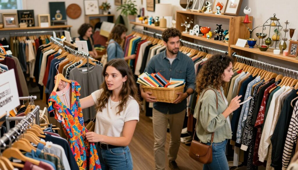 In a vibrant thrift store bustling with activity, focus on a diverse group of shoppers exploring various aisles in search of unique treasures. In the foreground, a woman in casual but neat attire examines a colorful vintage dress, her expression showing delight and curiosity. In the middle ground, a man holds a basket filled with books, discussing potential finds with a friend dressed in comfortable clothing. The background features neatly organized rows of clothing racks, eclectic home goods, and shelves adorned with trinkets, all under warm, inviting lighting that enhances the cozy atmosphere. Capture the scene from a slightly elevated angle to convey the layout, emphasizing the store's charm and the excitement of thrifting, creating a sense of adventure and exploration. In a vibrant thrift store bustling with activity, focus on a diverse group of shoppers exploring various aisles in search of unique treasures. In the foreground, a woman in casual but neat attire examines a colorful vintage dress, her expression showing delight and curiosity. In the middle ground, a man holds a basket filled with books, discussing potential finds with a friend dressed in comfortable clothing. The background features neatly organized rows of clothing racks, eclectic home goods, and shelves adorned with trinkets, all under warm, inviting lighting that enhances the cozy atmosphere. Capture the scene from a slightly elevated angle to convey the layout, emphasizing the store's charm and the excitement of thrifting, creating a sense of adventure and exploration.