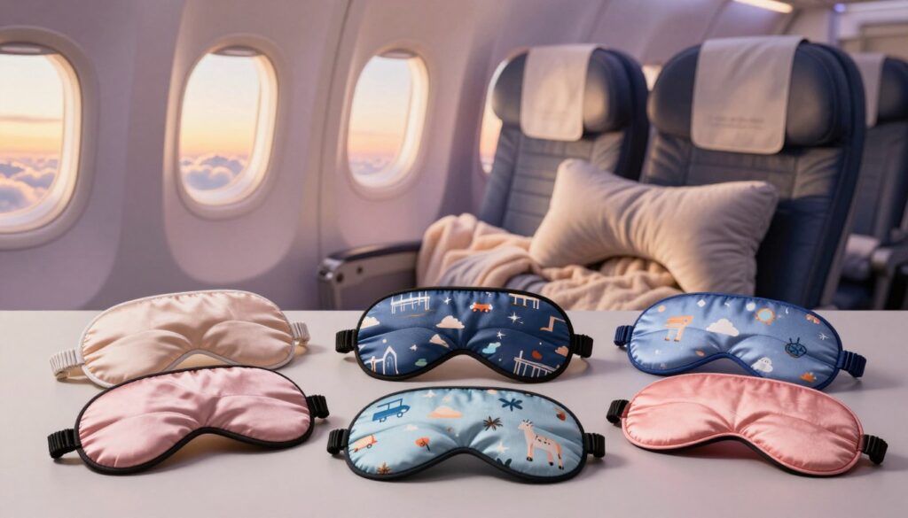 A beautifully arranged assortment of eye masks designed for restful journeys, displayed in the foreground. Each mask showcases unique textures and patterns: one with soft satin, another with fun travel-inspired prints, and a third featuring soothing colors. In the middle layer, a peaceful travel scene unfolds—an airplane seat with a cozy blanket and a travel pillow, set against a backdrop of dreamy, cloud-filled skies. The lighting is soft and warm, reminiscent of a serene sunset, casting a gentle glow that enhances the calming atmosphere. From a low angle viewpoint, the image conveys a sense of comfort and tranquility, inviting travelers to envision restful journeys ahead. A beautifully arranged assortment of eye masks designed for restful journeys, displayed in the foreground. Each mask showcases unique textures and patterns: one with soft satin, another with fun travel-inspired prints, and a third featuring soothing colors. In the middle layer, a peaceful travel scene unfolds—an airplane seat with a cozy blanket and a travel pillow, set against a backdrop of dreamy, cloud-filled skies. The lighting is soft and warm, reminiscent of a serene sunset, casting a gentle glow that enhances the calming atmosphere. From a low angle viewpoint, the image conveys a sense of comfort and tranquility, inviting travelers to envision restful journeys ahead.