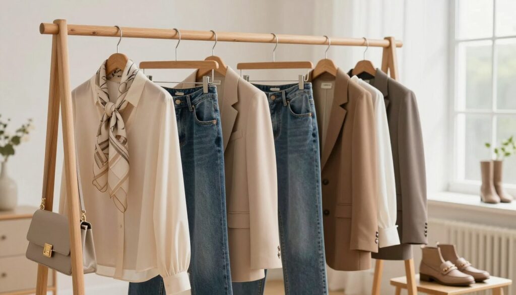 A beautifully arranged collection of versatile wardrobe essentials displayed on a stylish wooden rack. In the foreground, feature elegant blouses in soft neutral colors, tailored blazers, and classic denim jeans, all accented with chic accessories like a delicate scarf and a structured handbag. In the middle, showcase a stylish pair of ankle boots and versatile loafers, creating a perfect balance of casual and formal styles. The background features a softly lit airy room with a large window allowing natural light to pour in, enhancing the colors and textures of the clothing. Aim for a warm, inviting atmosphere that exudes sophistication and effortless chic, with a shallow depth of field to focus on the wardrobe essentials and a soft bokeh effect for the background. A beautifully arranged collection of versatile wardrobe essentials displayed on a stylish wooden rack. In the foreground, feature elegant blouses in soft neutral colors, tailored blazers, and classic denim jeans, all accented with chic accessories like a delicate scarf and a structured handbag. In the middle, showcase a stylish pair of ankle boots and versatile loafers, creating a perfect balance of casual and formal styles. The background features a softly lit airy room with a large window allowing natural light to pour in, enhancing the colors and textures of the clothing. Aim for a warm, inviting atmosphere that exudes sophistication and effortless chic, with a shallow depth of field to focus on the wardrobe essentials and a soft bokeh effect for the background.
