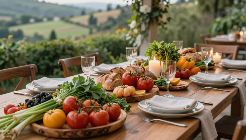 A beautifully arranged dining table set outdoors, showcasing an abundance of locally sourced, organic produce. In the foreground, colorful fruits and vegetables like heirloom tomatoes, vibrant greens, and artisan breads are artfully displayed on rustic wooden platters. The middle ground features elegant table settings with sustainable dinnerware made from bamboo and glass, accompanied by flickering candlelight. Soft, natural lighting creates a warm and inviting atmosphere, highlighting the freshness of the ingredients. In the background, lush greenery and a scenic view of rolling hills evoke a serene, eco-friendly ambiance. Capture this scene from a slightly elevated angle to emphasize the abundance of the spread, conveying a luxurious yet environmentally responsible dining experience. A beautifully arranged dining table set outdoors, showcasing an abundance of locally sourced, organic produce. In the foreground, colorful fruits and vegetables like heirloom tomatoes, vibrant greens, and artisan breads are artfully displayed on rustic wooden platters. The middle ground features elegant table settings with sustainable dinnerware made from bamboo and glass, accompanied by flickering candlelight. Soft, natural lighting creates a warm and inviting atmosphere, highlighting the freshness of the ingredients. In the background, lush greenery and a scenic view of rolling hills evoke a serene, eco-friendly ambiance. Capture this scene from a slightly elevated angle to emphasize the abundance of the spread, conveying a luxurious yet environmentally responsible dining experience.