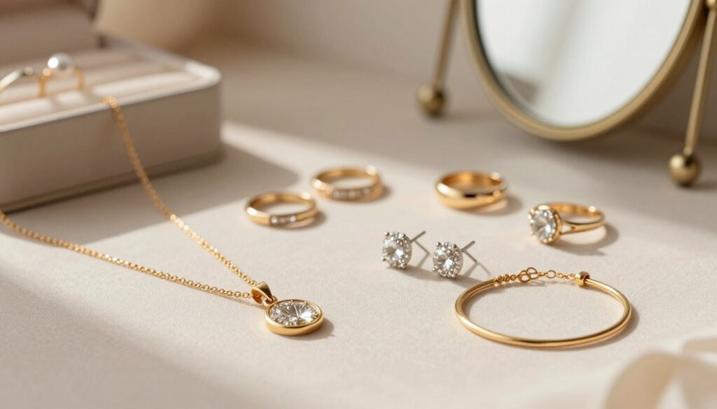 A beautifully arranged display of elegant jewelry pieces suitable for every occasion and outfit. In the foreground, showcase a delicate gold pendant necklace, sparkling stud earrings, and a thin bracelet, all laid on a soft, neutral fabric. The middle ground features rings in various styles, from classic to modern, placed artistically around the central pieces, emphasizing versatility. In the background, softly blurred, there's a sleek jewelry box and an elegant mirror reflecting warm, natural light that enhances the shimmer of the jewels. The atmosphere should feel warm and inviting, with a refined, sophisticated touch that conveys the idea of timeless elegance and everyday wearability. The scene should be captured from a slightly elevated angle to provide an inviting view of the arrangement. A beautifully arranged display of elegant jewelry pieces suitable for every occasion and outfit. In the foreground, showcase a delicate gold pendant necklace, sparkling stud earrings, and a thin bracelet, all laid on a soft, neutral fabric. The middle ground features rings in various styles, from classic to modern, placed artistically around the central pieces, emphasizing versatility. In the background, softly blurred, there's a sleek jewelry box and an elegant mirror reflecting warm, natural light that enhances the shimmer of the jewels. The atmosphere should feel warm and inviting, with a refined, sophisticated touch that conveys the idea of timeless elegance and everyday wearability. The scene should be captured from a slightly elevated angle to provide an inviting view of the arrangement.