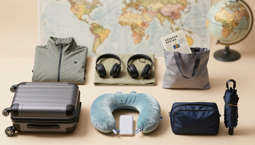 A beautifully arranged flat lay of essential travel accessories on a soft, neutral background. In the foreground, display high-quality items like a durable suitcase, a stylish travel pillow, a versatile power bank, a well-organized toiletry bag, and a compact travel umbrella. In the middle layer, include a lightweight jacket, noise-canceling headphones, and a guidebook peeking out of a travel tote. The background should be softly blurred, featuring travel-themed elements like a world map and a globe to evoke wanderlust. The lighting is warm and inviting, with soft shadows to enhance the texture of the items. Aim for a professional, curated look that showcases a sense of adventure and practicality, while maintaining a clean and clutter-free composition.