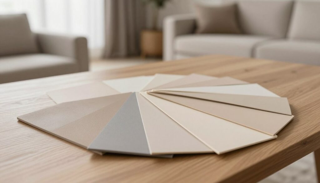 A beautifully arranged neutral color shades palette displayed artistically on a minimalist wooden table. In the foreground, smooth swatches of taupe, beige, soft grey, and muted cream are sprawled out in an elegant fan shape, showcasing their texture and richness. The middle layer features subtle gradients and harmonious blends of these shades, highlighting the versatility and appeal of neutral tones in design. In the background, a soft-focus view of a stylish, modern living room with neutral-toned furnishings adds depth, under warm, natural lighting that filters through sheer curtains. The overall atmosphere is calm and inviting, emphasizing the concept of timeless sophistication found in neutral colors.