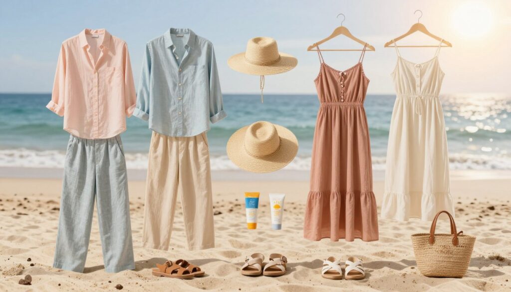 A beautifully organized beach capsule wardrobe displayed on a light sandy surface, featuring a collection of mix-and-match clothing pieces for a vacation. In the foreground, highlight a selection of elegant, lightweight shirts in pastel colors; breathable linen pants; and stylish, versatile sundresses. The middle layer showcases coordinating accessories like a wide-brimmed straw hat, sunblock, and stylish sandals, all arranged harmoniously. The background features a soft blue ocean and sunny skies, evoking a tranquil beach atmosphere. The lighting is warm and inviting, creating a feeling of summer romance. Capture this scene with a shallow depth of field, ensuring the focus remains on the wardrobe elements, while subtly blurring the idyllic beach backdrop to enhance the mood. A beautifully organized beach capsule wardrobe displayed on a light sandy surface, featuring a collection of mix-and-match clothing pieces for a vacation. In the foreground, highlight a selection of elegant, lightweight shirts in pastel colors; breathable linen pants; and stylish, versatile sundresses. The middle layer showcases coordinating accessories like a wide-brimmed straw hat, sunblock, and stylish sandals, all arranged harmoniously. The background features a soft blue ocean and sunny skies, evoking a tranquil beach atmosphere. The lighting is warm and inviting, creating a feeling of summer romance. Capture this scene with a shallow depth of field, ensuring the focus remains on the wardrobe elements, while subtly blurring the idyllic beach backdrop to enhance the mood.