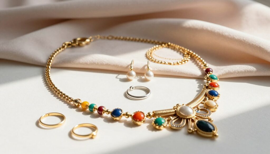 A beautifully styled flat lay featuring a collection of statement pieces and dainty jewelry. In the foreground, a bold, oversized statement necklace with intricate designs and vibrant colors lies elegantly alongside delicate gold and silver rings with minimalist designs. The middle layer showcases a pair of striking earrings that catch the light, while layers of dainty chain bracelets complement the look. In the background, soft hues of pastel fabric create a gentle, inviting atmosphere. Natural light streams in from the side, casting gentle shadows that enhance the textures of the jewelry. The arrangement is artfully composed, presenting a mood of sophisticated elegance and modern style, perfect for accessorizing with outfits. No text or branding is present; the focus is solely on the beautiful accessories. A beautifully styled flat lay featuring a collection of statement pieces and dainty jewelry. In the foreground, a bold, oversized statement necklace with intricate designs and vibrant colors lies elegantly alongside delicate gold and silver rings with minimalist designs. The middle layer showcases a pair of striking earrings that catch the light, while layers of dainty chain bracelets complement the look. In the background, soft hues of pastel fabric create a gentle, inviting atmosphere. Natural light streams in from the side, casting gentle shadows that enhance the textures of the jewelry. The arrangement is artfully composed, presenting a mood of sophisticated elegance and modern style, perfect for accessorizing with outfits. No text or branding is present; the focus is solely on the beautiful accessories.