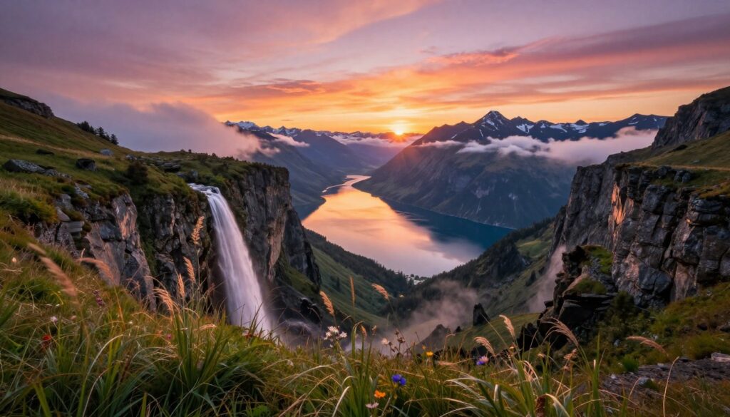 A breathtaking panoramic view from a hidden mountain viewpoint, showcasing various natural marvels from around the world. In the foreground, soft grasses and wildflowers gently sway in a light breeze. The middle ground features a majestic waterfall cascading down from rugged cliffs, its mist catching the sunlight. A vibrant sunset paints the sky in hues of orange, pink, and purple, reflecting on tranquil lakes below. The background reveals distant mountains with snow-capped peaks, shrouded in wispy clouds. The scene is illuminated by warm golden hour lighting, creating a serene and awe-inspiring atmosphere. The lens captures the scene from a slightly elevated angle, inviting the viewer to explore these secret viewpoints. No people are present, emphasizing the untouched beauty of nature. A breathtaking panoramic view from a hidden mountain viewpoint, showcasing various natural marvels from around the world. In the foreground, soft grasses and wildflowers gently sway in a light breeze. The middle ground features a majestic waterfall cascading down from rugged cliffs, its mist catching the sunlight. A vibrant sunset paints the sky in hues of orange, pink, and purple, reflecting on tranquil lakes below. The background reveals distant mountains with snow-capped peaks, shrouded in wispy clouds. The scene is illuminated by warm golden hour lighting, creating a serene and awe-inspiring atmosphere. The lens captures the scene from a slightly elevated angle, inviting the viewer to explore these secret viewpoints. No people are present, emphasizing the untouched beauty of nature.
