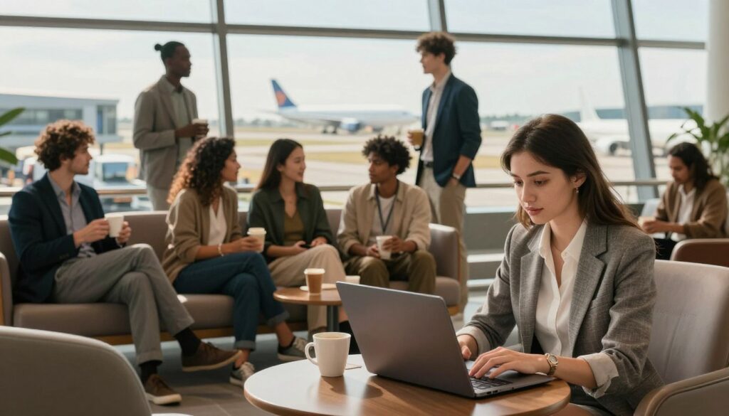 A bustling airport terminal showcasing travelers of various nationalities in professional business attire and modest casual clothing. In the foreground, a young woman sits at a stylish gate lounge with a laptop, absorbed in her travel plans, highlighting the idea of productive layover time. In the middle ground, a small group of friends enjoys coffee while discussing their next adventure, representing socializing during layovers. In the background, large windows reveal a bright sunlit sky with planes taxiing on the runway, suggesting movement and transition. The lighting is warm and inviting, with a shallow depth of field focusing on the foreground figures, creating a vibrant, yet relaxed atmosphere that captures the essence of making the most of layovers. A bustling airport terminal showcasing travelers of various nationalities in professional business attire and modest casual clothing. In the foreground, a young woman sits at a stylish gate lounge with a laptop, absorbed in her travel plans, highlighting the idea of productive layover time. In the middle ground, a small group of friends enjoys coffee while discussing their next adventure, representing socializing during layovers. In the background, large windows reveal a bright sunlit sky with planes taxiing on the runway, suggesting movement and transition. The lighting is warm and inviting, with a shallow depth of field focusing on the foreground figures, creating a vibrant, yet relaxed atmosphere that captures the essence of making the most of layovers.