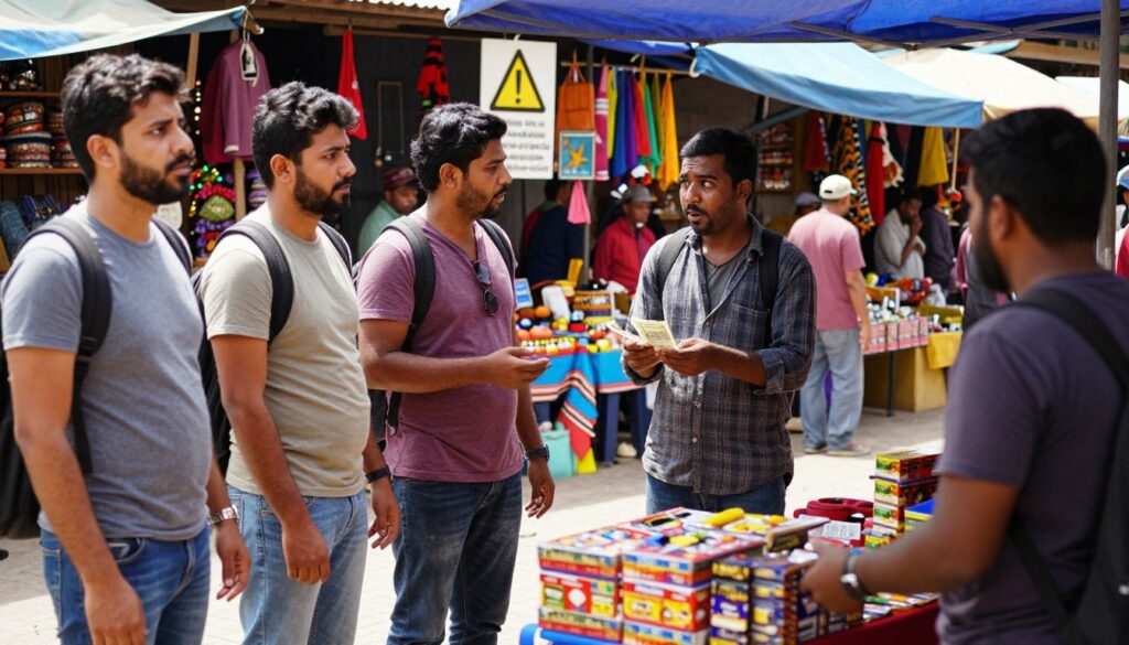 A bustling outdoor market scene in a foreign country, showcasing various scams commonly encountered by travelers. In the foreground, a diverse group of tourists, dressed in modest casual attire, looks perplexed as a local vendor overly promotes a dubious product. In the middle ground, two tourists are engaged in a conversation with a street performer who appears suspiciously eager to receive money. The background displays colorful market stalls filled with goods, blending lively culture with signs that symbolize caution, such as a warning triangle. The atmosphere is vibrant yet tense, capturing the essence of uncertainty while traveling. The lighting is bright and sunny, enhancing the lively feel, while a slight lens blur suggests realism, as if viewers are witnessing the scene firsthand.