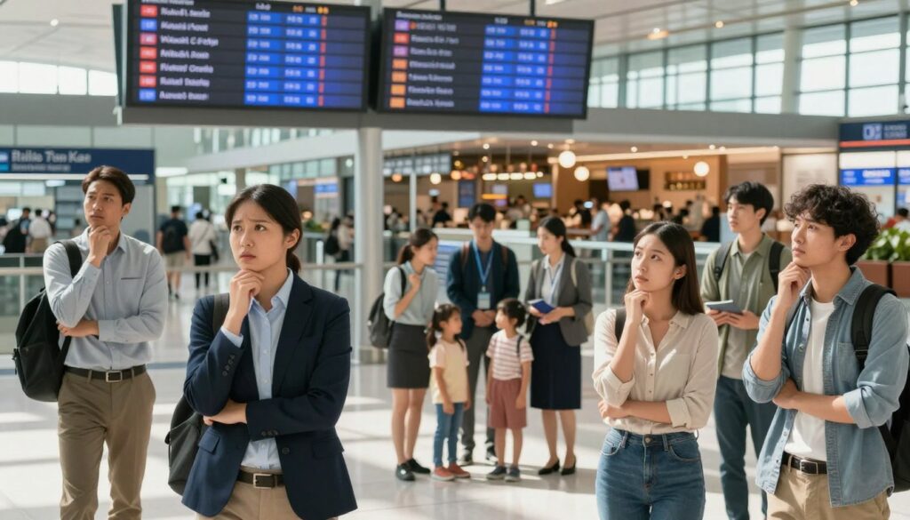A busy airport terminal scene depicting flight delay management. In the foreground, a diverse group of travelers in professional business attire and modest casual clothing, looking at flight information displays with expressions of concern and contemplation. In the middle ground, a friendly airline staff member assisting a family with children, providing updates and reassurance. The background showcases a bustling terminal with blurred motion, including shops and restaurants, to convey a sense of movement and urgency. Natural light streams in through large windows, casting soft shadows and creating a bright, airy atmosphere. The mood is focused yet hopeful, highlighting the challenge of handling unexpected layovers with grace and organization. A busy airport terminal scene depicting flight delay management. In the foreground, a diverse group of travelers in professional business attire and modest casual clothing, looking at flight information displays with expressions of concern and contemplation. In the middle ground, a friendly airline staff member assisting a family with children, providing updates and reassurance. The background showcases a bustling terminal with blurred motion, including shops and restaurants, to convey a sense of movement and urgency. Natural light streams in through large windows, casting soft shadows and creating a bright, airy atmosphere. The mood is focused yet hopeful, highlighting the challenge of handling unexpected layovers with grace and organization.