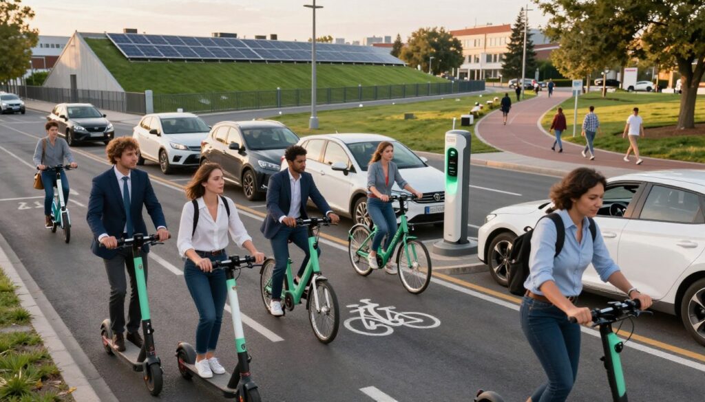 A busy urban scene focusing on efficient transportation choices, set during the golden hour with warm, soft lighting. In the foreground, a group of diverse individuals, dressed in professional business attire and modest casual clothing, are interacting while using electric scooters and bicycles. The middle ground features a designated bike lane and a charging station for electric cars, showcasing clean, eco-friendly vehicles. In the background, a cityscape with green rooftops, solar panels, and clear skies emphasizes sustainability, while a winding walking path encourages foot traffic. The atmosphere conveys a vibrant, progressive spirit, promoting sustainable travel options and lower emissions in a lively, urban environment.