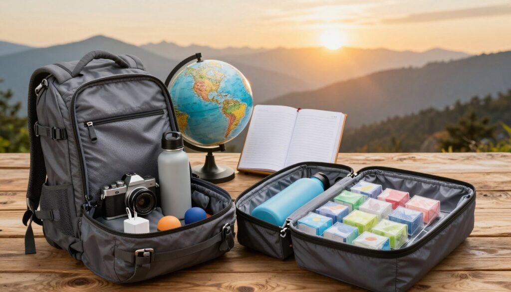 A captivating scene showcasing a well-organized travel gear layout, positioned on a rustic wooden surface. In the foreground, an open backpack reveals essential accessories such as a compact camera, a travel adaptor, a durable water bottle, and multi-functional packing cubes, all neatly arranged. In the middle, a globe and a travel journal stand out, inviting adventure and creativity. The background features a blurred image of a breathtaking landscape, like mountains at sunrise with warm golden light illuminating the scene, adding a sense of wanderlust. The overall mood is inspiring and adventurous, evoking the excitement of planning a trip. The lighting is soft and natural, enhancing the textures of the gear and creating a warm, inviting atmosphere. A wide-angle lens captures the entire scene harmoniously.