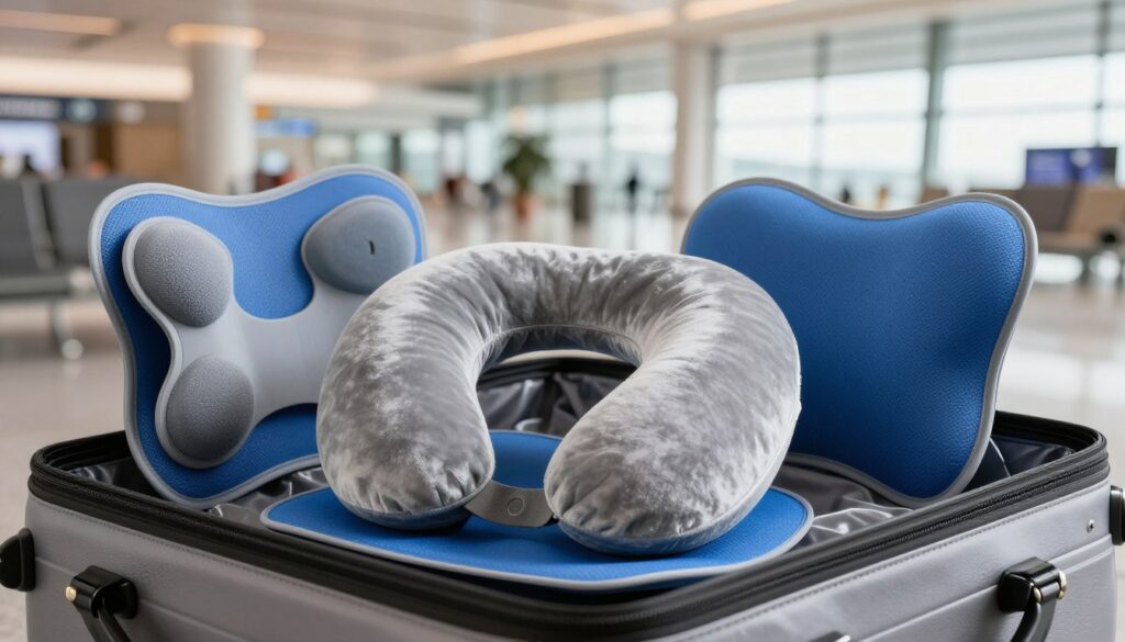 A carefully arranged display of travel accessories designed for back and neck support, prominently featuring a plush neck pillow, a lumbar support cushion, and a portable back massager. In the foreground, a sleek neck pillow in a soft grey velvet material with a relaxing ergonomic shape, surrounded by a vibrant blue lumbar support cushion. The middle layer includes a lightweight, foldable back massager made from breathable fabric, all showcased on an elegant travel bag. The background is softly blurred to evoke a serene airport lounge atmosphere, illuminated by warm, natural light filtering through large windows. The overall mood is inviting and comforting, ideal for travelers seeking relaxation and support during flights. A carefully arranged display of travel accessories designed for back and neck support, prominently featuring a plush neck pillow, a lumbar support cushion, and a portable back massager. In the foreground, a sleek neck pillow in a soft grey velvet material with a relaxing ergonomic shape, surrounded by a vibrant blue lumbar support cushion. The middle layer includes a lightweight, foldable back massager made from breathable fabric, all showcased on an elegant travel bag. The background is softly blurred to evoke a serene airport lounge atmosphere, illuminated by warm, natural light filtering through large windows. The overall mood is inviting and comforting, ideal for travelers seeking relaxation and support during flights.