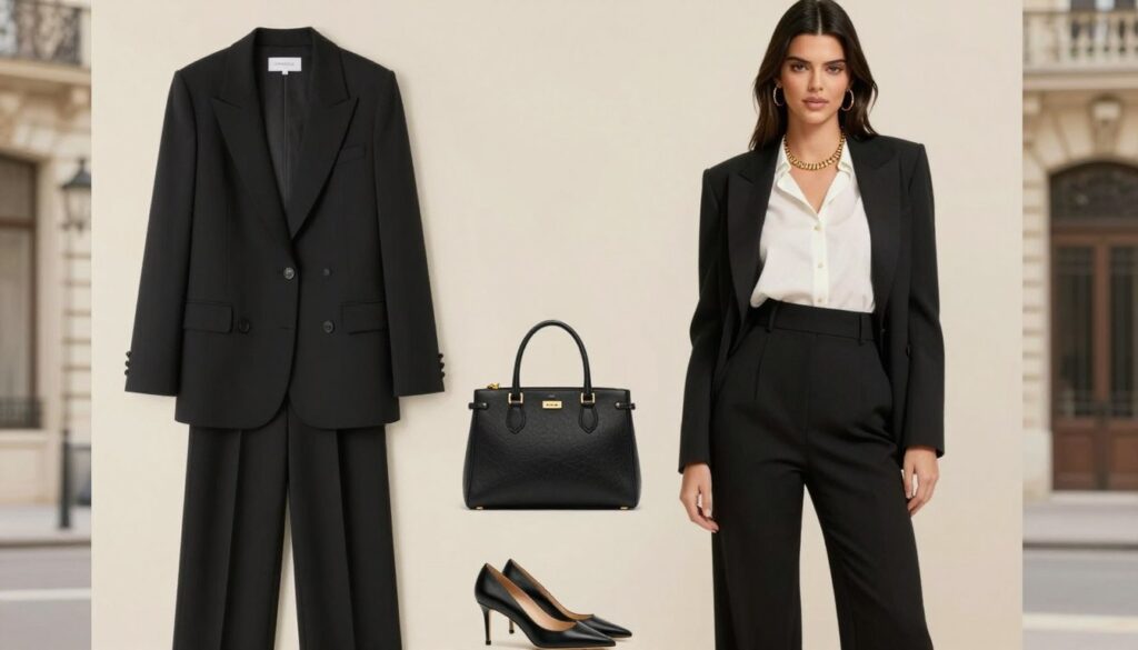A chic and modern outfit inspired by Kendall Jenner's red carpet style, featuring a tailored black blazer over a sleek white blouse paired with high-waisted, wide-leg trousers. The outfit is accessorized with minimalist gold jewelry, including a statement necklace and hoop earrings. The foreground showcases a stylishly arranged outfit on a mannequin or hanging against a soft, neutral-toned backdrop. In the middle, a fashionable handbag and a pair of elegant heels complete the look. The background features a softly blurred, upscale urban setting with elegant architecture, enhancing the atmosphere of glamour and sophistication. Bright, diffused lighting creates a warm tone, capturing the essence of modern everyday wear inspired by celebrity elegance.