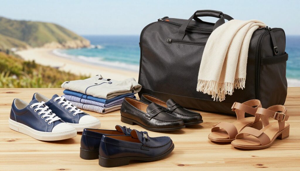 A chic and stylish arrangement of versatile travel shoes displayed creatively on a wooden surface, emphasizing comfort and fashion. The foreground features several pairs of shoes, including sleek sneakers, casual loafers, and stylish sandals, all designed for various travel scenarios. In the middle ground, a well-organized travel bag and folded clothing items like a lightweight jacket and a breathable scarf hint at travel essentials. The background showcases a serene landscape, such as rolling hills or a beach, suggesting exploration and adventure. Soft, natural lighting bathes the scene, creating a warm and inviting atmosphere. Capture this at a slightly elevated angle to provide a comprehensive view, highlighting both the shoes and the travel setting.