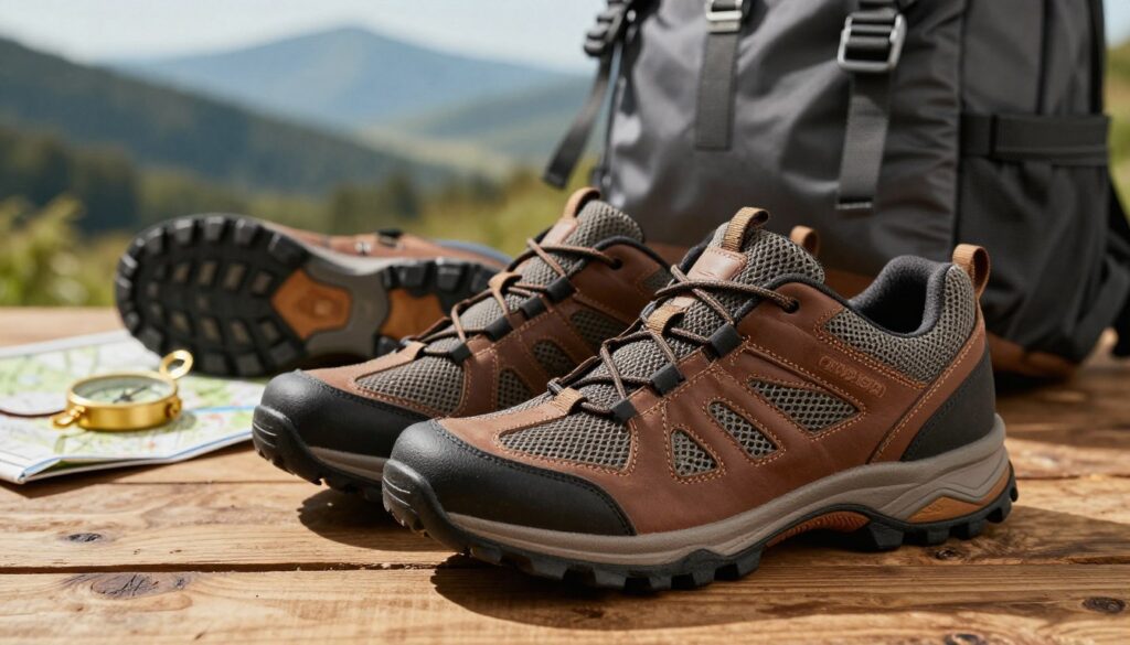 A close-up shot of high-quality travel shoes displayed on a rustic wooden surface, showcasing various materials such as breathable mesh, waterproof leather, and durable rubber soles. The foreground features rich textures of the shoes, highlighting stitching and form with sharp detail. In the middle ground, various accessories like a travel backpack, a compass, and a map add context to the travel theme. The background displays a softly focused natural landscape, like mountains or a forest, evoking a sense of adventure. The lighting is warm and natural, creating soft shadows that emphasize the shoes' design. The overall mood is adventurous and practical, perfect for showcasing materials and durability in travel footwear. A close-up shot of high-quality travel shoes displayed on a rustic wooden surface, showcasing various materials such as breathable mesh, waterproof leather, and durable rubber soles. The foreground features rich textures of the shoes, highlighting stitching and form with sharp detail. In the middle ground, various accessories like a travel backpack, a compass, and a map add context to the travel theme. The background displays a softly focused natural landscape, like mountains or a forest, evoking a sense of adventure. The lighting is warm and natural, creating soft shadows that emphasize the shoes' design. The overall mood is adventurous and practical, perfect for showcasing materials and durability in travel footwear.