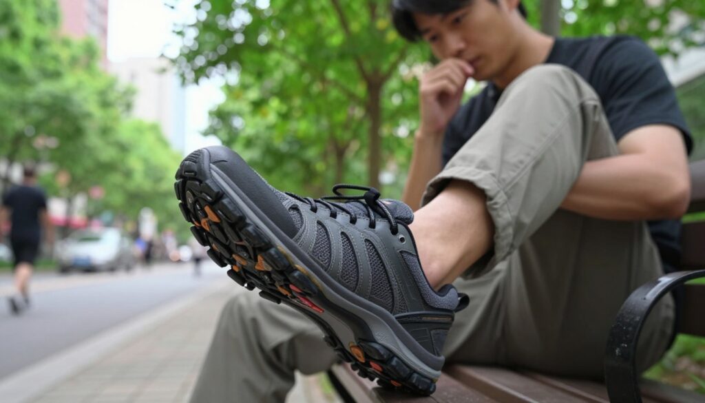 A close-up view of a person examining a comfortable travel shoe, highlighting its fit and design. The individual, dressed in casual but modest clothing, sits on a park bench surrounded by a vibrant urban setting perfect for walking. The foreground features the shoe prominently, showcasing cushioned soles and breathable materials. In the middle ground, the person's focused expression reflects a sense of practicality and thoughtfulness, while the background includes lush greenery and city elements, suggesting an active day out. Soft, natural lighting filters through the leaves, casting gentle shadows and creating a relaxed atmosphere. The angle of the shot is slightly tilted, emphasizing the shoe while still capturing the bustling environment around.