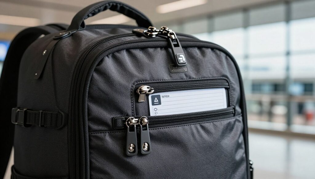 A close-up view of a sleek travel backpack featuring advanced security features, highlighting lockable zippers and RFID-blocking materials. The foreground showcases the zippers prominently, their design suggesting robust protection against tampering. In the middle ground, the fabric texture of the backpack is visible, demonstrating its durability and sophistication. The background softly blurs to include a travel setting, like an airport or cityscape, to provide context without distraction. Natural lighting bathes the scene, creating a sense of security and reliability. The overall atmosphere conveys peace of mind for travelers, illustrating the essential security features they can trust.
