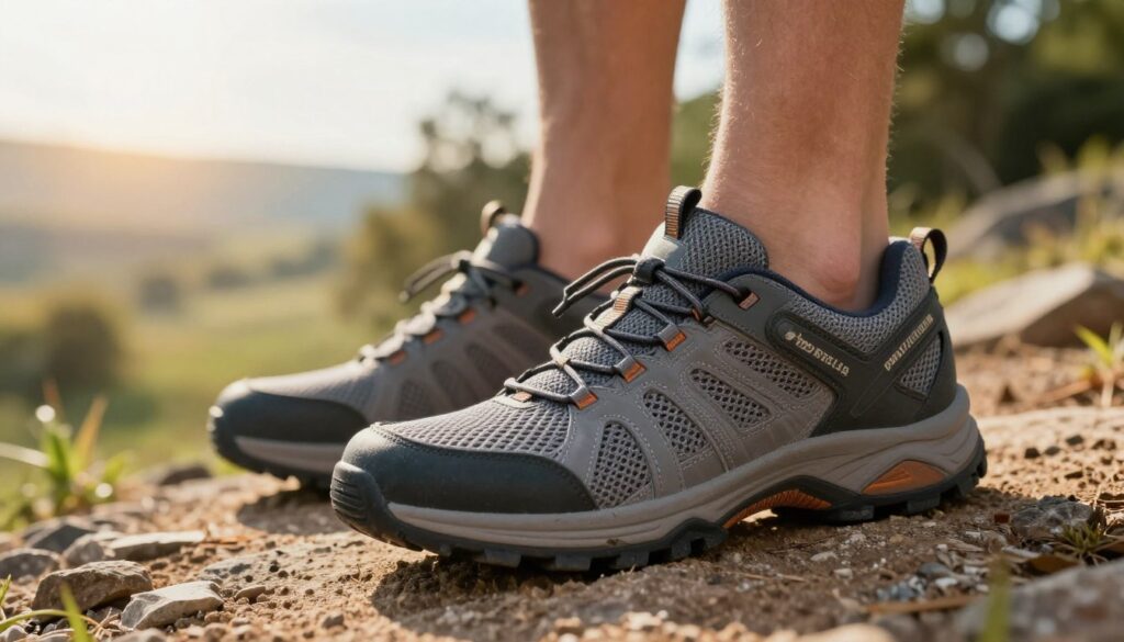 A close-up view of travel footwear highlighting key features. The foreground showcases a stylish, versatile shoe with breathable mesh fabric, cushioned insoles, and rugged, slip-resistant outsoles. The shoe is set on a textured surface resembling a rocky trail, emphasizing durability. In the middle ground, a scenic background of a vibrant landscape featuring soft sunlight filtering through trees represents adventure and exploration. The mood is lively and optimistic, suggesting the freedom of travel. The lighting is warm and inviting, enhancing the shoe's color and textures. The angle captures the shoe dynamically, as if it's ready for action, without any human subjects or text elements present. A close-up view of travel footwear highlighting key features. The foreground showcases a stylish, versatile shoe with breathable mesh fabric, cushioned insoles, and rugged, slip-resistant outsoles. The shoe is set on a textured surface resembling a rocky trail, emphasizing durability. In the middle ground, a scenic background of a vibrant landscape featuring soft sunlight filtering through trees represents adventure and exploration. The mood is lively and optimistic, suggesting the freedom of travel. The lighting is warm and inviting, enhancing the shoe's color and textures. The angle captures the shoe dynamically, as if it's ready for action, without any human subjects or text elements present.