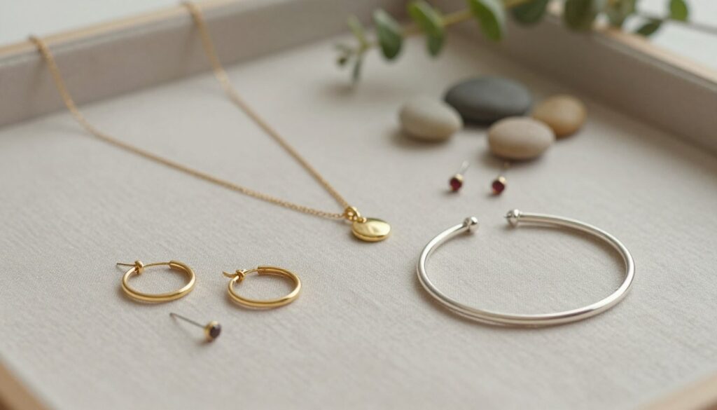 A collection of elegant, simple jewelry pieces arranged artistically on a soft, neutral-toned fabric. In the foreground, showcase delicate gold hoop earrings, a minimalist silver bracelet, and a pair of understated gemstone studs. The middle layer features a beautifully crafted necklace with a subtle pendant, strategically placed to highlight its simplicity and charm. In the background, a soft-focus arrangement of natural elements like small pebbles and greenery enhances the serene ambiance. Utilize soft, warm lighting to create a cozy and inviting atmosphere, with a shallow depth of field to keep the focus on the jewelry pieces. The overall mood should evoke elegance and ease, perfect for everyday wear, with a tidy, well-organized presentation. A collection of elegant, simple jewelry pieces arranged artistically on a soft, neutral-toned fabric. In the foreground, showcase delicate gold hoop earrings, a minimalist silver bracelet, and a pair of understated gemstone studs. The middle layer features a beautifully crafted necklace with a subtle pendant, strategically placed to highlight its simplicity and charm. In the background, a soft-focus arrangement of natural elements like small pebbles and greenery enhances the serene ambiance. Utilize soft, warm lighting to create a cozy and inviting atmosphere, with a shallow depth of field to keep the focus on the jewelry pieces. The overall mood should evoke elegance and ease, perfect for everyday wear, with a tidy, well-organized presentation.