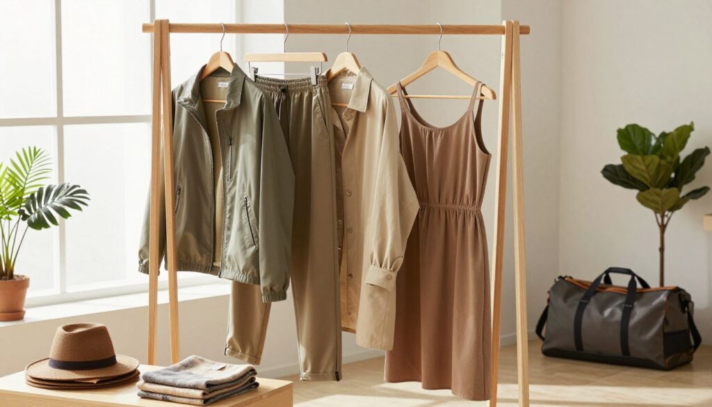 A collection of multi-functional clothing layers displayed on a minimalist wooden rack in a bright, inviting room. The focus is on versatile pieces like a stylish jacket, quick-dry pants, and a convertible dress, all in a harmonious color palette of earth tones. In the foreground, neatly folded accessories like scarves and hats complement the outfits. In the middle ground, soft natural light filters through a large window, creating gentle shadows that enhance the textures of the fabrics. The background features a potted plant and a spacious travel bag, suggesting a modern traveler's lifestyle. The overall atmosphere is warm and practical, embodying the spirit of smart packing and stylish functionality.