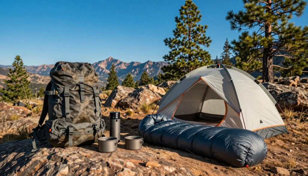 A collection of rugged outdoor gear designed for tough adventures, featuring a weathered backpack, a durable tent, a high-quality sleeping bag, and camping cookware arranged attractively in the foreground. In the middle ground, showcase a rocky landscape with wild, untamed nature, including tall pine trees and a distant mountain range under a vibrant blue sky. Soft, warm sunlight casts dynamic shadows, enhancing the textures of the gear and terrain. The atmosphere is adventurous and inviting, capturing the spirit of exploration and resilience. Use a slightly wide angle to create depth, focusing on the gear while still highlighting the expansive, breathtaking outdoors around it.