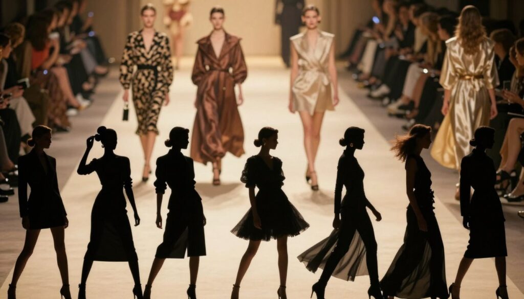 A collection of stylish silhouettes representing iconic fashion from top celebrities. In the foreground, an array of diverse figures dressed in professional outfits—suits, elegant dresses, and chic accessories—are striking dynamic poses that suggest movement and confidence. The middle layer features a softly lit runway with rich, textured fabrics draping elegantly. Background elements include subtle hints of a glamorous backstage area with soft golden lighting creating a warm, inviting atmosphere. The scene captures an essence of sophistication and inspiration, embodying the spirit of high fashion. Use a shallow depth of field to emphasize the silhouettes against a softly blurred backdrop, creating a dreamy and aspirational mood.