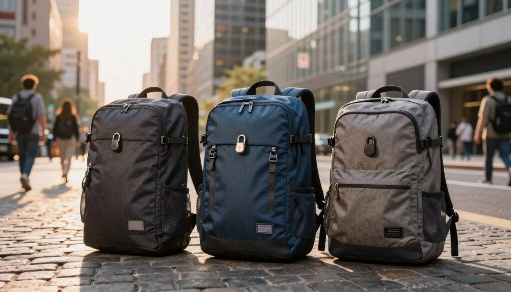 A collection of three versatile anti-theft backpacks designed for city travel, prominently displayed in the foreground. Each backpack varies in color and style, showcasing features like lockable zippers, hidden pockets, and RFID protection, all emphasizing their practical design. In the middle ground, a bustling urban environment with sleek city buildings and cobblestone streets creates a vibrant atmosphere. Soft golden hour sunlight bathes the scene, casting long shadows and adding warmth to the urban landscape. The angle captures the backpacks from a slightly elevated perspective, highlighting their functionality while blending them seamlessly into the traveler's journey. The mood is energetic yet secure, encouraging a sense of adventure and preparation for city exploration.