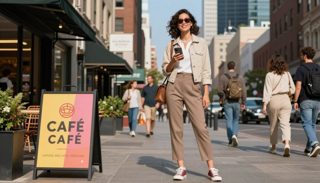 A confident woman explores a vibrant city street, wearing a stylish, casual outfit suited for urban travel. She sports a lightweight jacket, tailored trousers, and comfortable sneakers, showcasing a chic yet practical look. In the foreground, a colorful café sign and local street fashion create a lively scene. In the middle, the woman smiles as she glances at her phone while a backdrop of trendy shops and friendly pedestrians fills the scene. The sunlight casts a warm glow, enhancing the cheerful atmosphere. Behind her, tall city buildings rise against a clear blue sky, giving a sense of adventure and exploration. The image captures the essence of destination-specific style, balancing fashion with functionality. A confident woman explores a vibrant city street, wearing a stylish, casual outfit suited for urban travel. She sports a lightweight jacket, tailored trousers, and comfortable sneakers, showcasing a chic yet practical look. In the foreground, a colorful café sign and local street fashion create a lively scene. In the middle, the woman smiles as she glances at her phone while a backdrop of trendy shops and friendly pedestrians fills the scene. The sunlight casts a warm glow, enhancing the cheerful atmosphere. Behind her, tall city buildings rise against a clear blue sky, giving a sense of adventure and exploration. The image captures the essence of destination-specific style, balancing fashion with functionality.