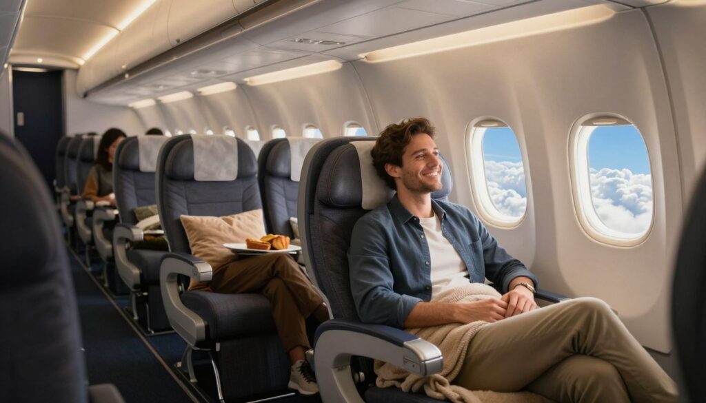 A cozy airplane interior scene highlighting comfort, featuring a comfortable, spacious airplane seat equipped with ample legroom, plush pillows, and a soft blanket. In the foreground, a cheerful traveler dressed in smart casual attire leans back, smiling contently, with a window view showcasing a bright blue sky and fluffy white clouds. The middle ground emphasizes the spaciousness of the cabin, adorned with warm and inviting lighting that enhances the ambiance. The background includes faint silhouettes of other passengers engaged in relaxation, reading, or enjoying snacks. The image is captured from an angle that conveys a sense of tranquility and comfort, ideal for illustrating the concept of airplane comfort and hacks in an inviting, soothing atmosphere. A cozy airplane interior scene highlighting comfort, featuring a comfortable, spacious airplane seat equipped with ample legroom, plush pillows, and a soft blanket. In the foreground, a cheerful traveler dressed in smart casual attire leans back, smiling contently, with a window view showcasing a bright blue sky and fluffy white clouds. The middle ground emphasizes the spaciousness of the cabin, adorned with warm and inviting lighting that enhances the ambiance. The background includes faint silhouettes of other passengers engaged in relaxation, reading, or enjoying snacks. The image is captured from an angle that conveys a sense of tranquility and comfort, ideal for illustrating the concept of airplane comfort and hacks in an inviting, soothing atmosphere.