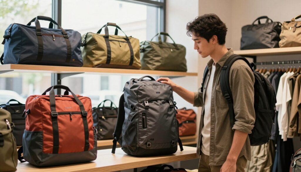 A cozy and inviting travel gear store interior, showcasing a selection of stylish travel bags in various shapes and sizes on neatly arranged shelves. In the foreground, a well-dressed young professional, thoughtfully examining a versatile, spacious backpack designed for digital nomads, with sleek compartments for tech gadgets. In the middle ground, other travel bags are displayed, including duffel bags and messenger bags with vibrant colors and textures, emphasizing functionality and organization. The background features a warm, natural light streaming through large windows, casting soft shadows and creating a relaxed atmosphere. The scene captures a sense of adventure and practicality, inspiring the idea of choosing the perfect travel bag for remote work and travel. A cozy and inviting travel gear store interior, showcasing a selection of stylish travel bags in various shapes and sizes on neatly arranged shelves. In the foreground, a well-dressed young professional, thoughtfully examining a versatile, spacious backpack designed for digital nomads, with sleek compartments for tech gadgets. In the middle ground, other travel bags are displayed, including duffel bags and messenger bags with vibrant colors and textures, emphasizing functionality and organization. The background features a warm, natural light streaming through large windows, casting soft shadows and creating a relaxed atmosphere. The scene captures a sense of adventure and practicality, inspiring the idea of choosing the perfect travel bag for remote work and travel.