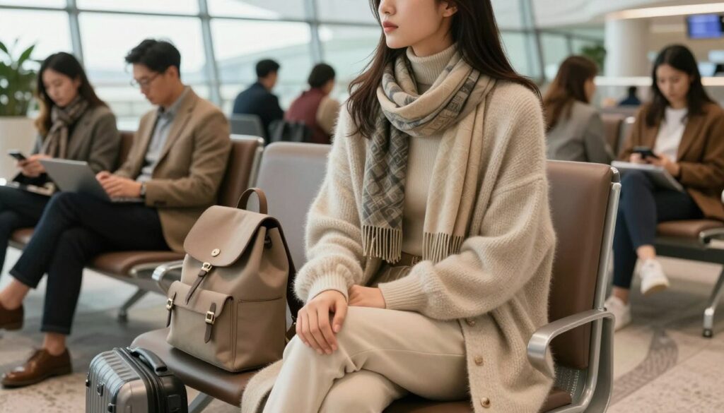A cozy and stylish airport lounge scene showcasing layering techniques for comfortable flight outfits. In the foreground, a fashionable young woman is seated, wearing a chic outfit that combines a soft oversized cardigan, a fitted turtleneck, and lightweight joggers, all in harmonious neutral tones. Her accessories include a fashionable scarf and a stylish backpack. In the middle ground, other travelers are seen relaxing in the lounge, some wearing layered outfits with sweaters, blazers, and scarves, adding warmth and versatility. The background features a bustling airport terminal with large windows allowing soft, natural light to stream in, creating a warm and inviting atmosphere. The angle of the image captures the woman’s outfit details while emphasizing the relaxed mood of the airport environment. A cozy and stylish airport lounge scene showcasing layering techniques for comfortable flight outfits. In the foreground, a fashionable young woman is seated, wearing a chic outfit that combines a soft oversized cardigan, a fitted turtleneck, and lightweight joggers, all in harmonious neutral tones. Her accessories include a fashionable scarf and a stylish backpack. In the middle ground, other travelers are seen relaxing in the lounge, some wearing layered outfits with sweaters, blazers, and scarves, adding warmth and versatility. The background features a bustling airport terminal with large windows allowing soft, natural light to stream in, creating a warm and inviting atmosphere. The angle of the image captures the woman’s outfit details while emphasizing the relaxed mood of the airport environment.