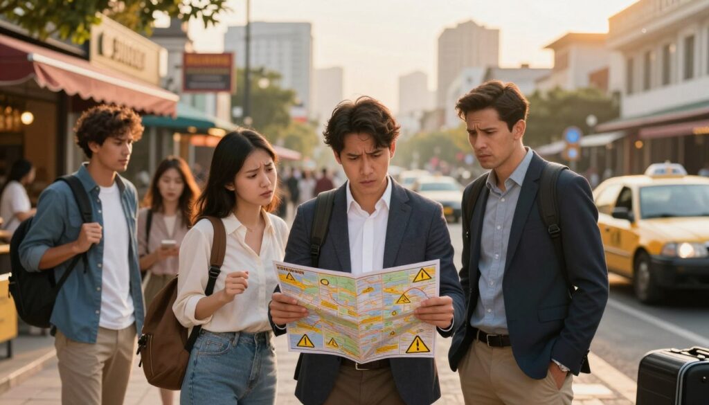 A diverse group of travelers in professional business attire and modest casual clothing stand in the foreground, looking puzzled as they examine a map filled with warning symbols indicating various travel scams. In the middle ground, a vibrant street scene unfolds, showcasing typical tourist spots, with subtle hints of scams like an overly eager street vendor approaching a couple and a suspicious taxi driver nearby. The background features a city skyline during golden hour, casting warm, inviting light on the scene. Soft shadows enhance the mood of caution and awareness, while a slight lens distortion creates a sense of urgency, emphasizing the importance of understanding travel scams. The overall atmosphere is a mix of curiosity and caution, prompting viewers to think critically while traveling.