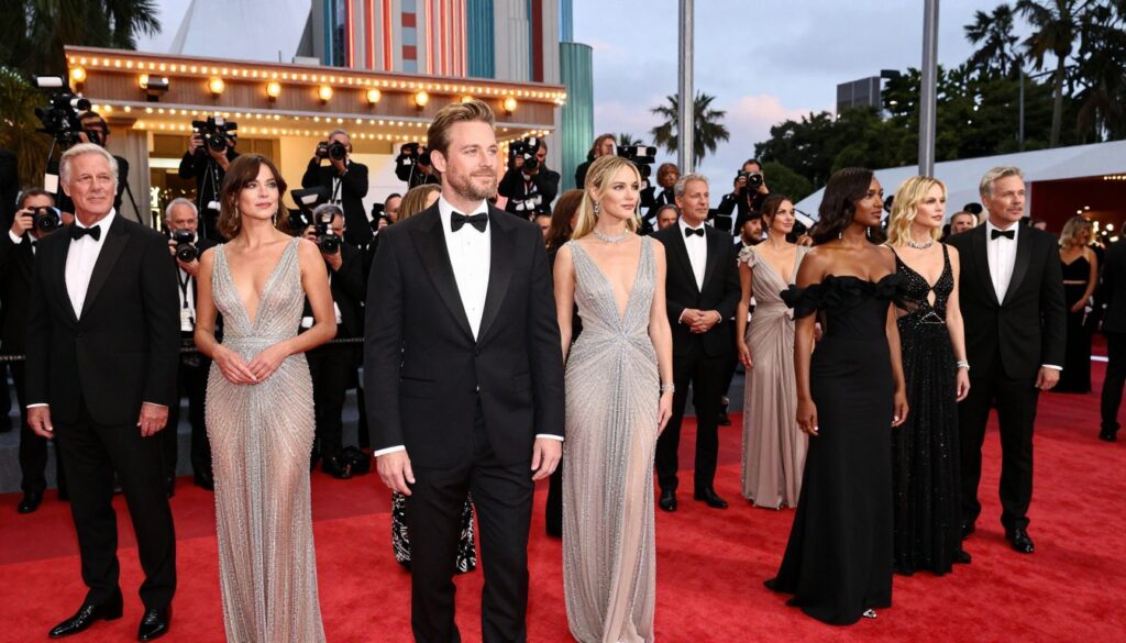 A glamorous Hollywood red carpet scene, showcasing elegantly dressed celebrities in formal attire. In the foreground, a diverse group of men and women in exquisite tuxedos and evening gowns adorned with intricate details and sparkling embellishments. The middle ground features a luxurious red carpet runner lined with bright, shimmering lights and photographers capturing the moment. In the background, a classic Hollywood style building with art deco architecture under a twilight sky, casting a warm, enchanting glow over the scene. The lighting is soft yet vibrant, emphasizing the elegance of the outfits. The atmosphere is lively and sophisticated, evoking the excitement of a prestigious event. A glamorous Hollywood red carpet scene, showcasing elegantly dressed celebrities in formal attire. In the foreground, a diverse group of men and women in exquisite tuxedos and evening gowns adorned with intricate details and sparkling embellishments. The middle ground features a luxurious red carpet runner lined with bright, shimmering lights and photographers capturing the moment. In the background, a classic Hollywood style building with art deco architecture under a twilight sky, casting a warm, enchanting glow over the scene. The lighting is soft yet vibrant, emphasizing the elegance of the outfits. The atmosphere is lively and sophisticated, evoking the excitement of a prestigious event.