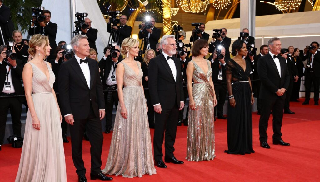A glamorous red carpet scene capturing iconic moments from awards season. In the foreground, elegantly dressed celebrities in professional evening attire are posing for photographs, showcasing stunning gowns and tailored suits adorned with intricate details. The middle ground features a star-studded crowd, filled with excitement, as flashes from cameras illuminate the atmosphere. In the background, a lavish venue adorned with golden decorations and vibrant lights creates a festive ambience, emphasizing the glitz of the event. Soft, warm lighting bathes the scene, enhancing the sparkle of sequins and the elegance of each ensemble. The lens captures a dynamic angle, creating a sense of depth and celebration, embodying the thrill and glamour of awards season.