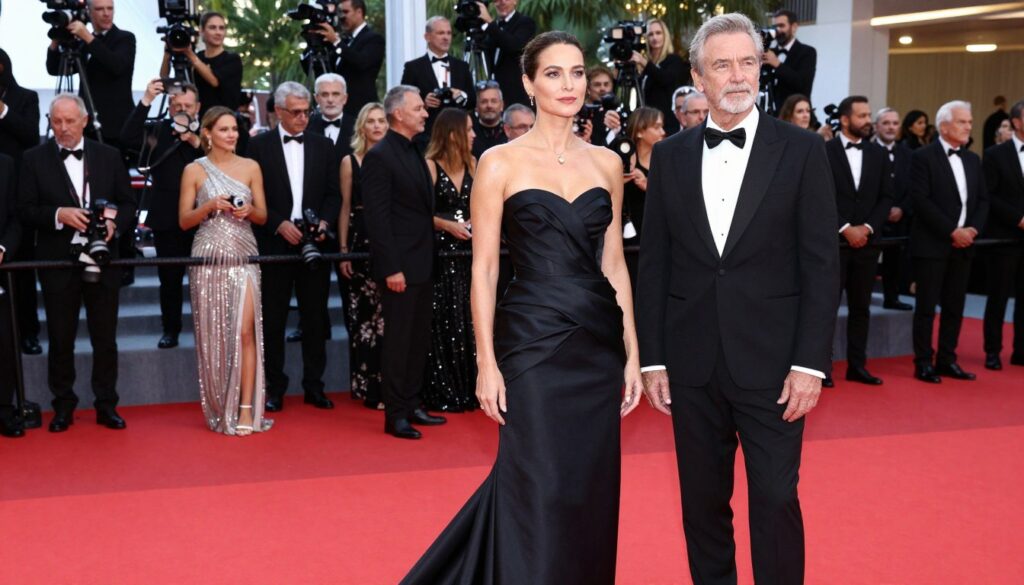 A glamorous red carpet scene featuring elegantly dressed celebrities showcasing the art of method dressing. In the foreground, a confident woman in a stunning tailored gown exudes grace, her expression conveying determination and poise. Next to her, a stylish man in a perfectly fitted tuxedo stands, possessing an air of sophistication. In the middle ground, a vibrant crowd of well-dressed guests captures the excitement of the event, with flashes from cameras illuminating their fashionable attire. The background showcases an opulent venue with elegant decor, lit by soft, warm lights that create a luxurious atmosphere. The scene is shot from a low angle, emphasizing the height of the red carpet and the grandeur of the event while maintaining a vibrant yet polished aesthetic.