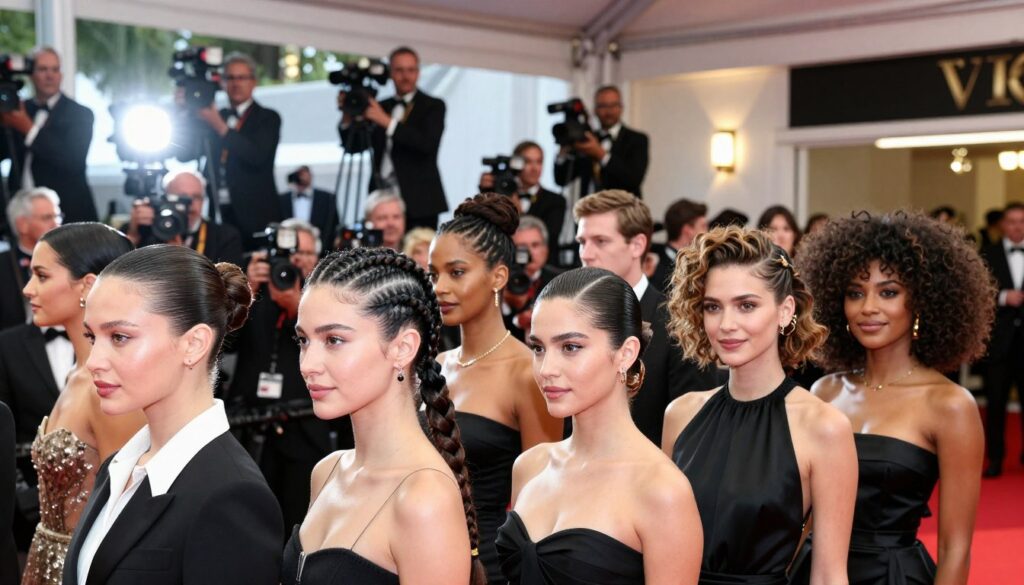 A glamorous red carpet scene showcasing the latest celebrity hair trends. In the foreground, a diverse group of well-dressed individuals with elegant hairstyles, including sleek updos, modern braids, and voluminous curls, are posing confidently. The middle ground features a backdrop of bright flashing cameras, fans, and luxury event decorations, enhancing the atmosphere of excitement and celebration. The background includes a stylish venue with soft ambient lighting, creating a warm and inviting mood. Highlight the intricate detailing of the hairstyles, ensuring they reflect modern trends and sophistication. Use a wide-angle lens to capture the scene, ensuring clarity and vibrant colors, while maintaining a professional and polished appearance for all subjects. A glamorous red carpet scene showcasing the latest celebrity hair trends. In the foreground, a diverse group of well-dressed individuals with elegant hairstyles, including sleek updos, modern braids, and voluminous curls, are posing confidently. The middle ground features a backdrop of bright flashing cameras, fans, and luxury event decorations, enhancing the atmosphere of excitement and celebration. The background includes a stylish venue with soft ambient lighting, creating a warm and inviting mood. Highlight the intricate detailing of the hairstyles, ensuring they reflect modern trends and sophistication. Use a wide-angle lens to capture the scene, ensuring clarity and vibrant colors, while maintaining a professional and polished appearance for all subjects.