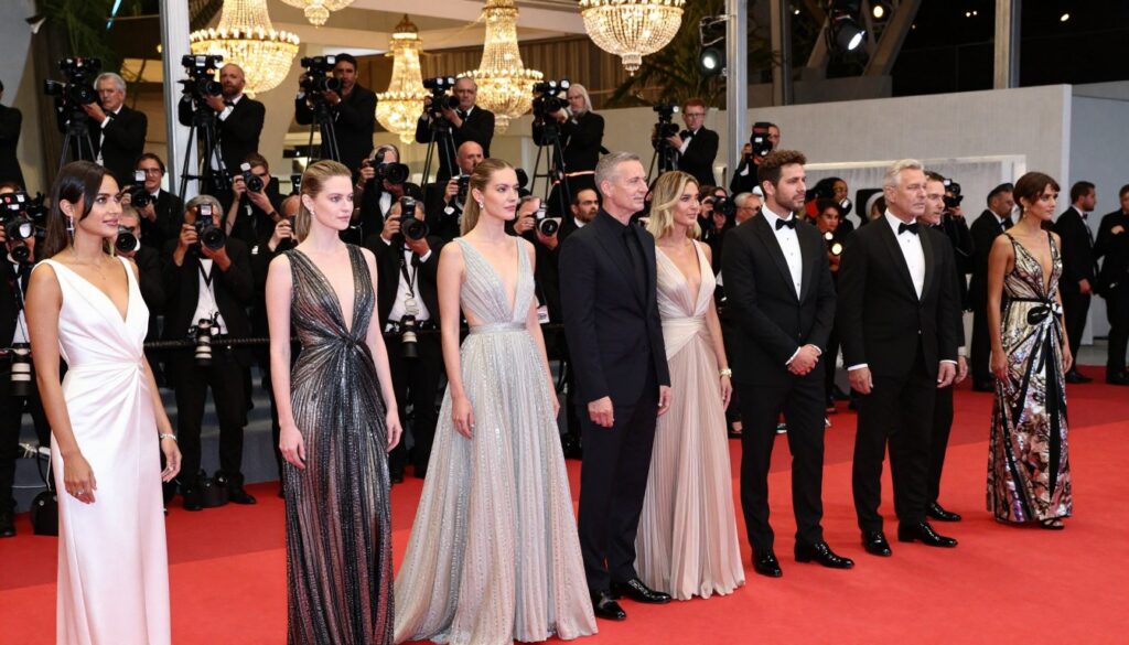 A glamorous scene showcasing a vibrant fashion week influence on a bustling red carpet event. In the foreground, elegantly dressed celebrities pose for cameras, showcasing a fusion of runway styles and haute couture. They're adorned in stunning gowns and tailored suits, with intricate details like sequins and avant-garde silhouettes. The middle layer features a dynamic atmosphere filled with photographers capturing the moment, the glint of professional camera lenses visible. In the background, a luxury venue exudes sophistication with shining chandeliers and lavish decor. Soft, dramatic lighting enhances the richness of the fabrics and the elegance of the moment, creating a mesmerizing and celebratory mood. The angle captures the grandeur and excitement of the event, emphasizing the transition from innovative runway designs to the dazzling reality of red carpet fashion. A glamorous scene showcasing a vibrant fashion week influence on a bustling red carpet event. In the foreground, elegantly dressed celebrities pose for cameras, showcasing a fusion of runway styles and haute couture. They're adorned in stunning gowns and tailored suits, with intricate details like sequins and avant-garde silhouettes. The middle layer features a dynamic atmosphere filled with photographers capturing the moment, the glint of professional camera lenses visible. In the background, a luxury venue exudes sophistication with shining chandeliers and lavish decor. Soft, dramatic lighting enhances the richness of the fabrics and the elegance of the moment, creating a mesmerizing and celebratory mood. The angle captures the grandeur and excitement of the event, emphasizing the transition from innovative runway designs to the dazzling reality of red carpet fashion.