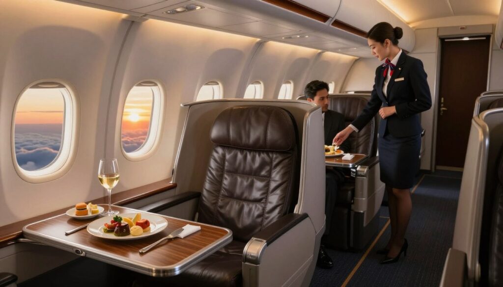 A luxurious business class seating area on an airplane, featuring wide, plush seats with ample legroom and adjustable headrests, upholstered in rich, dark leather. In the foreground, a sleek wooden table holds a gourmet meal served on elegant dishware, alongside a glass of fine wine. Middle-ground displays ambient lighting with soft, warm hues creating a cozy atmosphere, while large windows reveal a stunning sunset outside, casting a golden glow. In the background, a professional-looking flight attendant, dressed in a tailored business suit, is attending to a guest, showcasing excellent service. The overall mood is one of comfort and exclusivity, inviting viewers to imagine a premium travel experience. Shot from a slightly elevated angle, emphasizing the spaciousness and elegance of the setting. A luxurious business class seating area on an airplane, featuring wide, plush seats with ample legroom and adjustable headrests, upholstered in rich, dark leather. In the foreground, a sleek wooden table holds a gourmet meal served on elegant dishware, alongside a glass of fine wine. Middle-ground displays ambient lighting with soft, warm hues creating a cozy atmosphere, while large windows reveal a stunning sunset outside, casting a golden glow. In the background, a professional-looking flight attendant, dressed in a tailored business suit, is attending to a guest, showcasing excellent service. The overall mood is one of comfort and exclusivity, inviting viewers to imagine a premium travel experience. Shot from a slightly elevated angle, emphasizing the spaciousness and elegance of the setting.