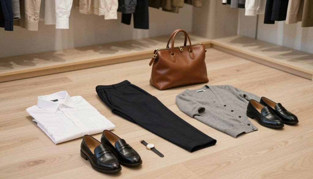 A minimalist wardrobe scene featuring essential pieces laid out on a clean, light wooden floor. In the foreground, include a classic white button-up shirt, tailored black trousers, a versatile gray cardigan, and a pair of elegant loafers arranged neatly. In the middle ground, showcase a couple of timeless accessories such as a structured leather bag and a minimalist watch. The background displays a soft-focus, well-organized closet with neutral-hued clothing hanging on wooden hangers, providing a sense of order and tranquility. Use natural lighting to create a warm and inviting atmosphere, with soft shadows enhancing the textures of the fabrics. Capture this from a slightly elevated angle to give a cohesive overview of the essentials, evoking a serene, sophisticated feel fitting for a minimalist aesthetic. A minimalist wardrobe scene featuring essential pieces laid out on a clean, light wooden floor. In the foreground, include a classic white button-up shirt, tailored black trousers, a versatile gray cardigan, and a pair of elegant loafers arranged neatly. In the middle ground, showcase a couple of timeless accessories such as a structured leather bag and a minimalist watch. The background displays a soft-focus, well-organized closet with neutral-hued clothing hanging on wooden hangers, providing a sense of order and tranquility. Use natural lighting to create a warm and inviting atmosphere, with soft shadows enhancing the textures of the fabrics. Capture this from a slightly elevated angle to give a cohesive overview of the essentials, evoking a serene, sophisticated feel fitting for a minimalist aesthetic.